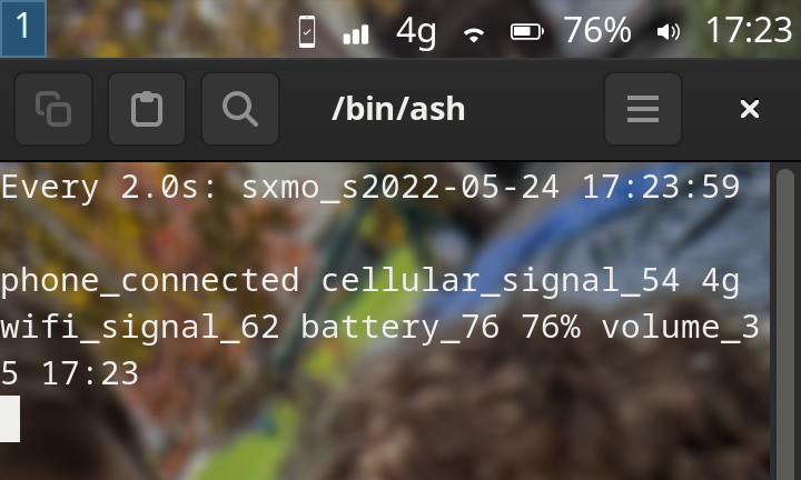 Status bar with icons, and a terminal window showing what those icons appear like when the font is not loaded (it's plain text)