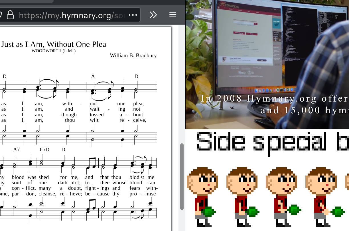 Image collage of Hymnary promo video, a score rendered, and a spritesheet